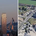 Vizualizácia projektu Portum Towers a aktuálny pohľad na stavebný pozemok v bratislavskom downtowne
