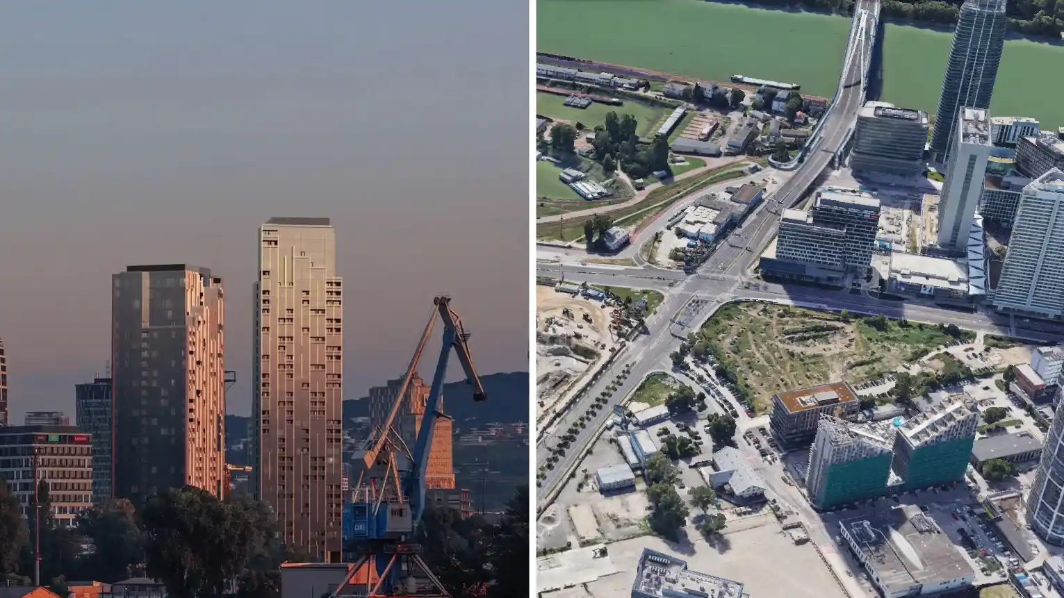 Vizualizácia projektu Portum Towers a aktuálny pohľad na stavebný pozemok v bratislavskom downtowne