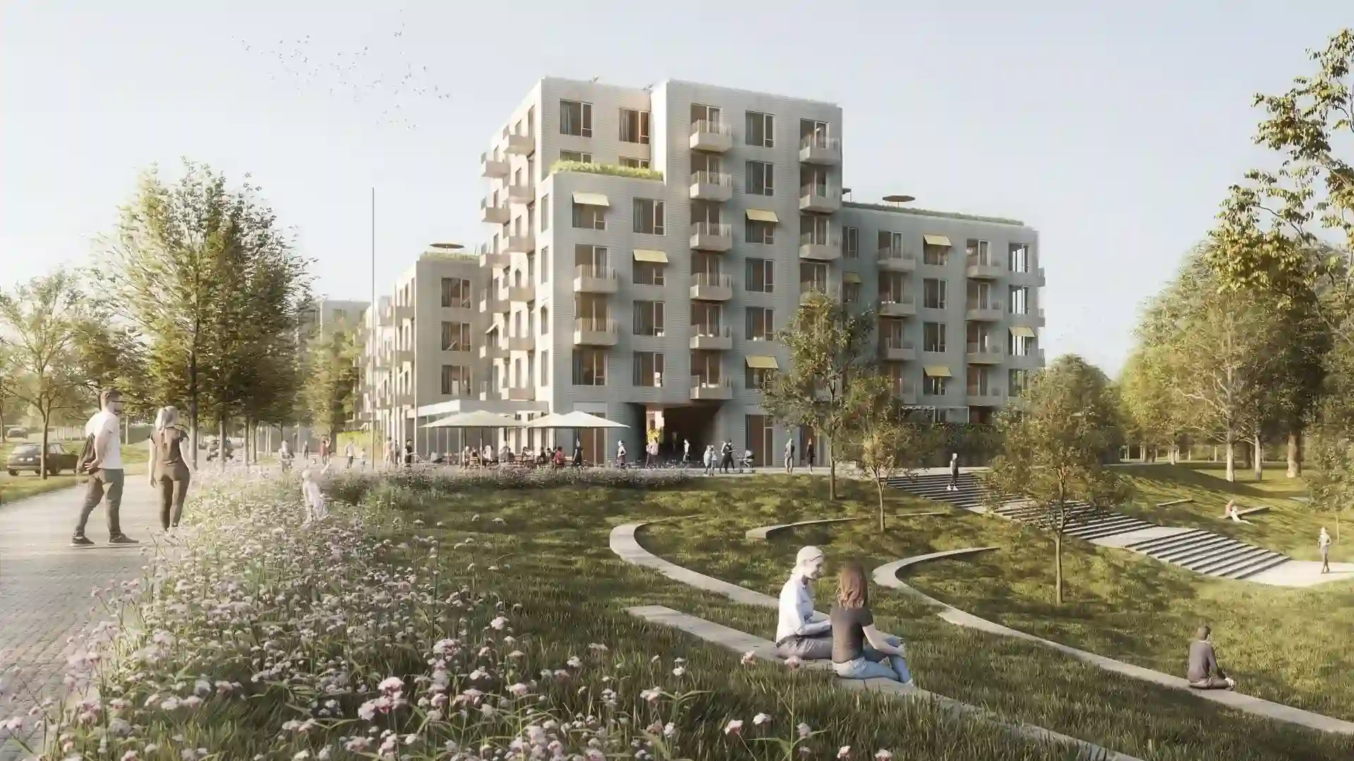 Architektonická vizualizácia zobrazuje plánovaný obytný súbor v južnej časti Petržalky od YIT Slovakia. Moderné bytové domy sú obklopené zeleňou a meandrujúcimi chodníkmi, čo ilustruje koncept prepojenia mestskej zástavby s prírodným prostredím. 