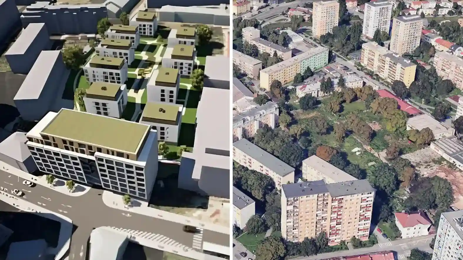 Vizuálne porovnanie budúceho projektu s aktuálnym stavom územia – vľavo moderná zástavba so zeleňou a vnútroblokom, vpravo pohľad na zanedbané a nevyužité pozemky v Starom Meste.