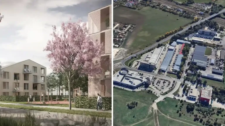 Plánovaná obytná zóna od JTRE v bratislavských Vajnoroch s leteckým záberom na územie, ktoré má prejsť kompletnou transformáciou.