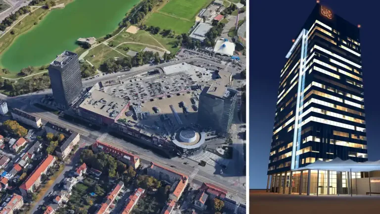 Letecký pohľad na areál bývalého Polusu v bratislavskom Novom Meste, dnes známeho ako Vivo!. Vpravo vizualizácia pôvodne plánovanej tretej veže z roku 2007, navrhnutej ako kancelárska budova architektonickým ateliérom Projekt Team P-T.