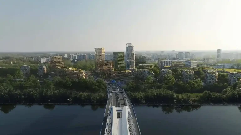 Vizualizácia štvrte Southbank z pohľadu ponad Most Apollo. Dominantná rezidenčná veža a terasové objekty dopĺňajú panorámu pravého brehu Dunaja. Zdroj: Penta Real Estate