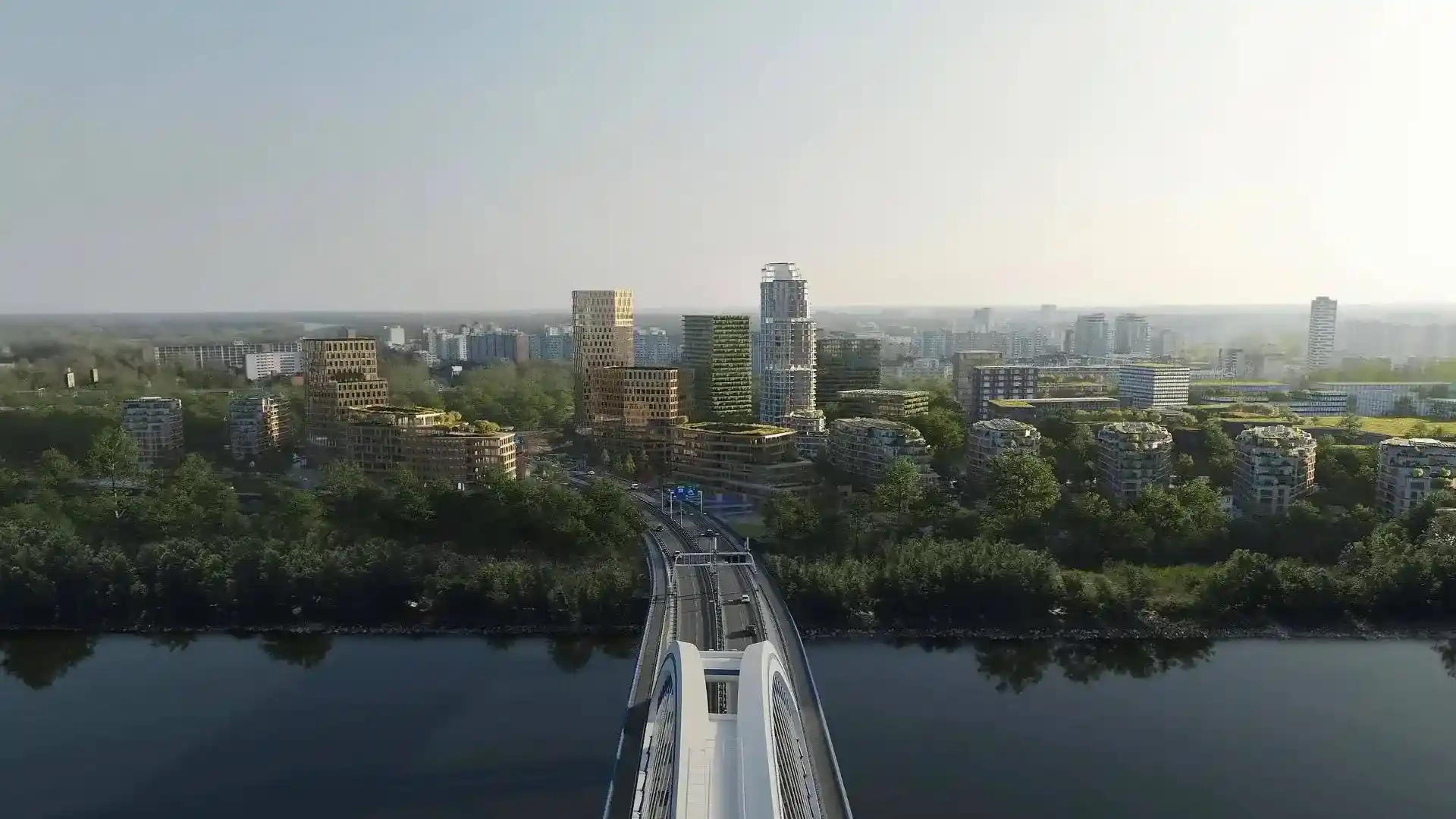 Vizualizácia štvrte Southbank z pohľadu ponad Most Apollo. Dominantná rezidenčná veža a terasové objekty dopĺňajú panorámu pravého brehu Dunaja. Zdroj: Penta Real Estate
