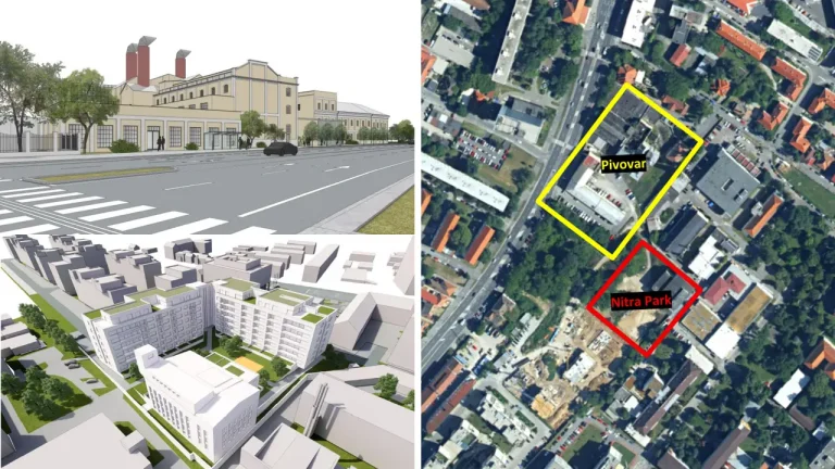 Schematické zobrazenie plánovanej adaptácie objektu bývalého pivovaru a satelitný pohľad na riešené územie v Nitre, rozdelené na časť Pivovar a časť Nitra Park.
