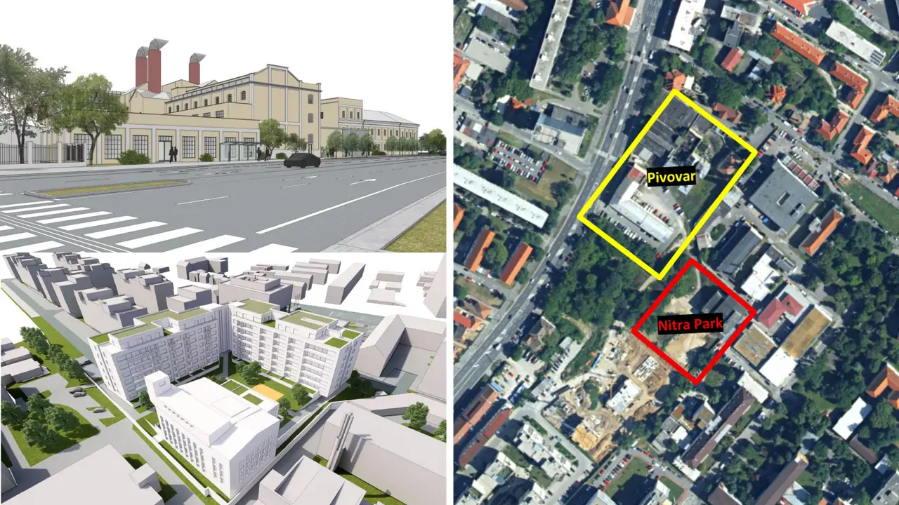 Schematické zobrazenie plánovanej adaptácie objektu bývalého pivovaru a satelitný pohľad na riešené územie v Nitre, rozdelené na časť Pivovar a časť Nitra Park.