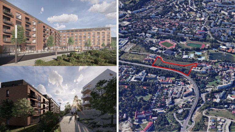 Vizualizácie navrhovaných bytových domov a satelitný podklad s vyznačeným územím projektu v severnej časti Banskej Bystrice.