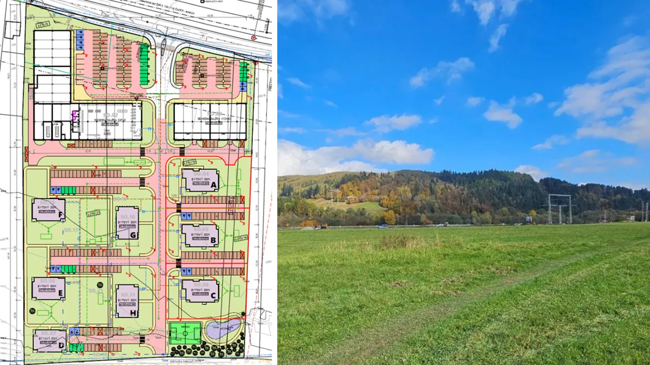 Vľavo návrh situačného riešenia projektu Sihly v Čadci so zobrazením umiestnenia bytových domov, obchodných galérií, komunikácií a verejnej zelene. Vpravo pohľad na súčasný stav lokality Siheľník – otvorená poľnohospodárska plocha na západnom okraji mesta s lesnatým kopcovitým pozadím.
