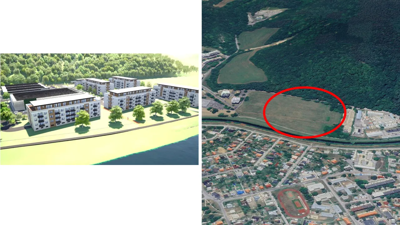 Vizualizácia projektu Bytové domy za riekou a letecký pohľad na lokalitu Dolné a Horné mäkkýše v Partizánskom.