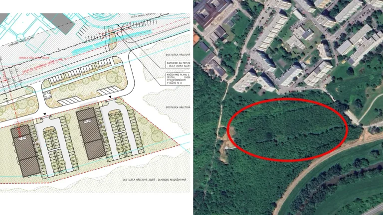 Situácia projektu Zelené údolie v Topoľčanoch s pôdorysmi dvoch bytových domov a aktuálnym satelitným pohľadom na nevyužitý pozemok.