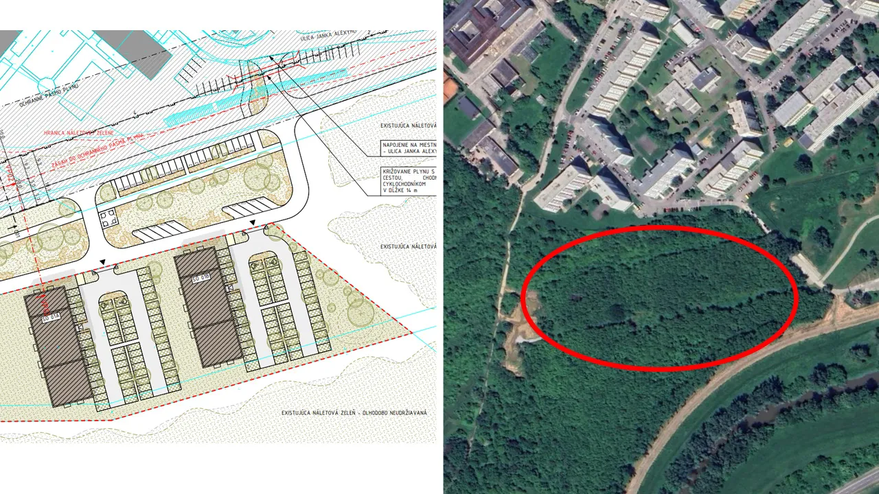 Situácia projektu Zelené údolie v Topoľčanoch s pôdorysmi dvoch bytových domov a aktuálnym satelitným pohľadom na nevyužitý pozemok.
