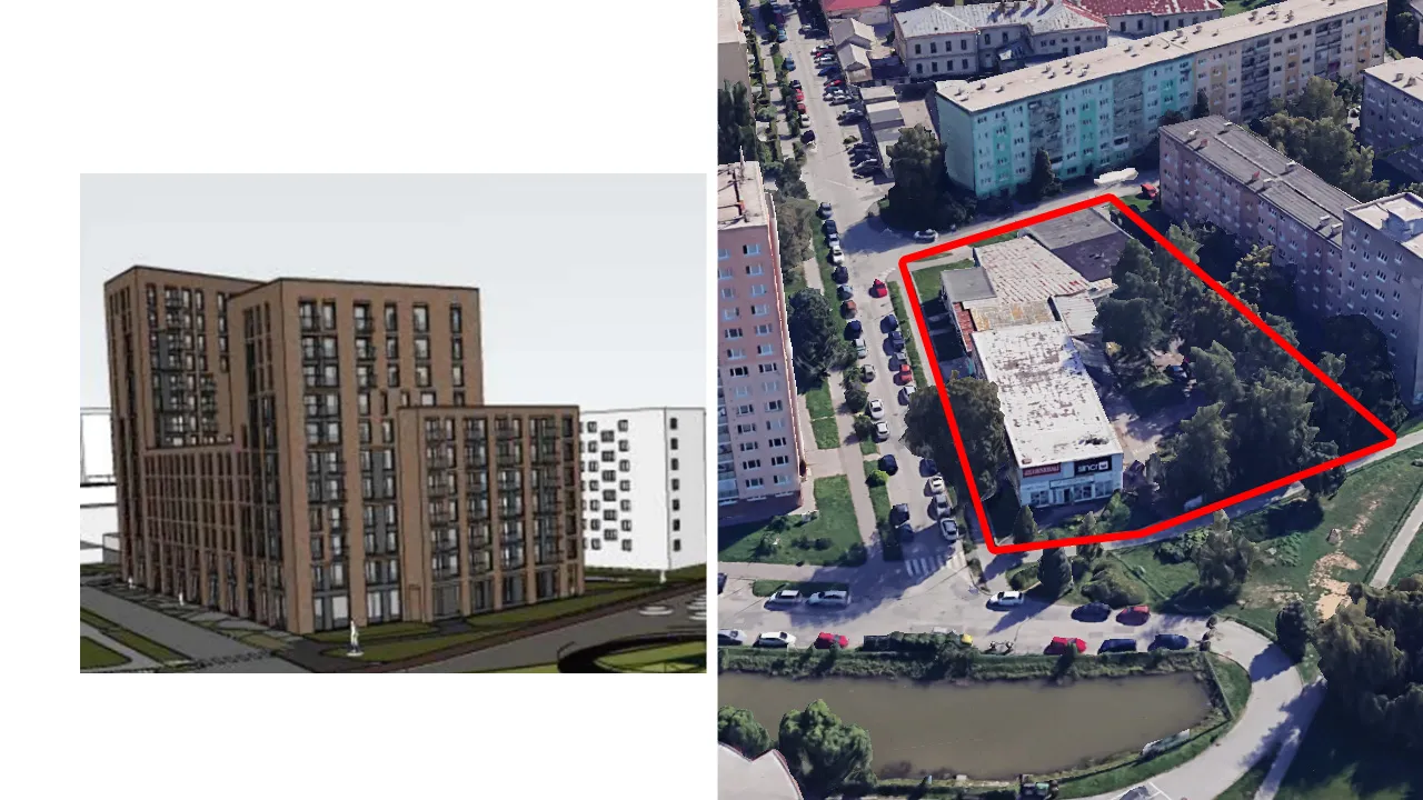 Vizualizácia bytového domu na Jakobyho ulici a aktuálny stav pozemku pri Mlynskom náhone v Košiciach (zdroj: dokumentácia EIA, Google Maps)