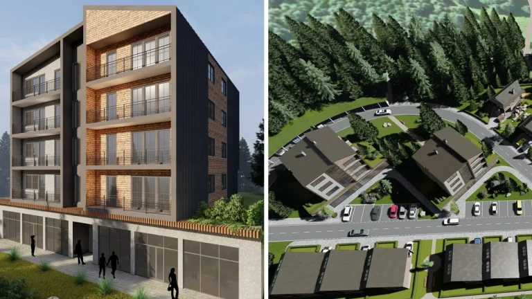 Vizualizácia projektu Centrum Nové Koliesko v Demänovskej Doline – moderné bytové domy a rodinné domy zasadené do horského prostredia s množstvom zelene.