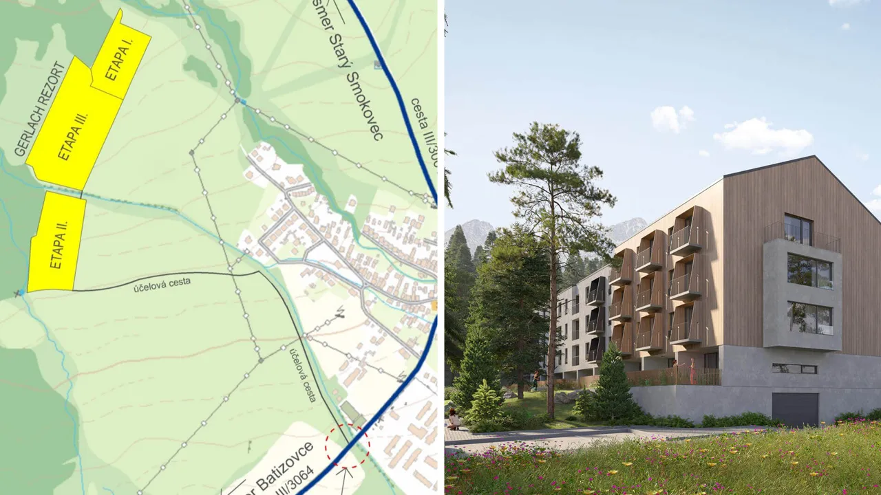 Mapa a vizualizácia projektu Gerlach Rezort v Gerlachove pod Tatrami – umiestnenie jednotlivých etáp a moderné apartmánové domy v tatranskej prírode.