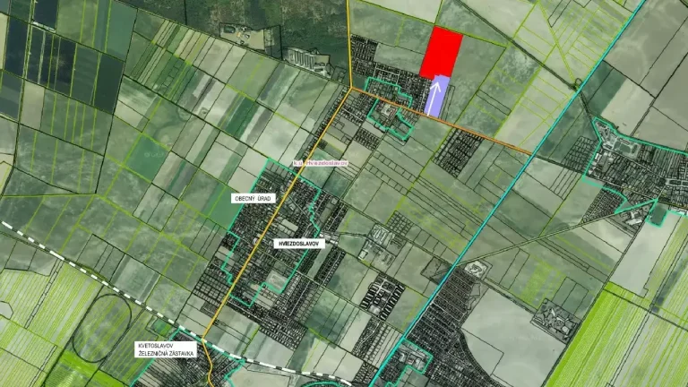 satelitná mapa obce Hviezdoslavov so zakreslenou plochou projektu Ratolesti na severe obce