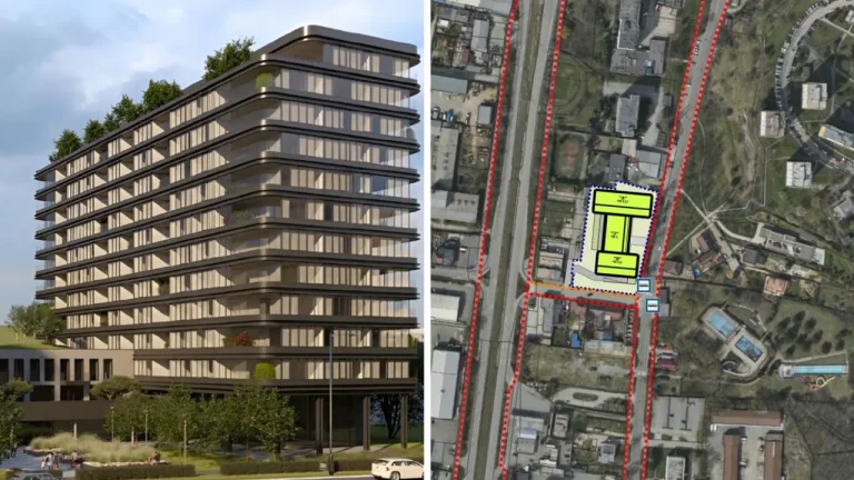 Vizualizácia projektu Polyfunkčný súbor Holubyho v Košiciach – moderná budova s apartmánmi, zdravotníckym centrom a zeleňou, doplnená o situáciu projektu na mape ulíc Holubyho a Rastislavova.