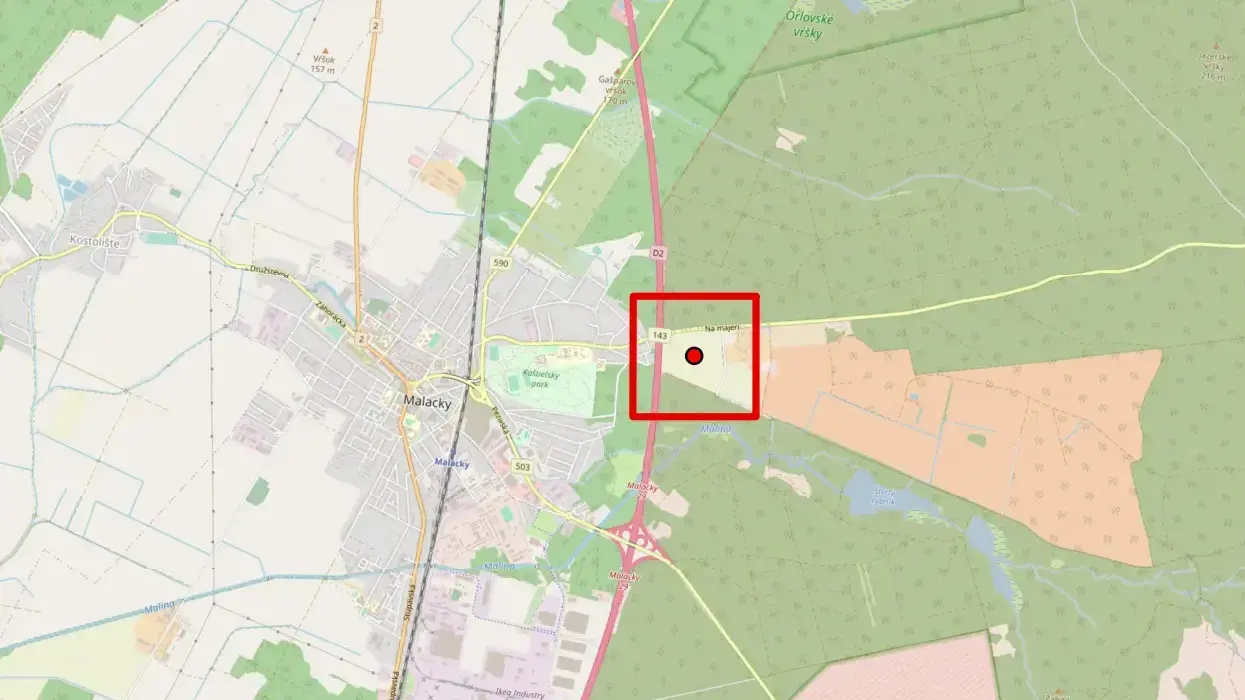 Mapa mesta Malacky so zvýraznenou lokalitou plánovaného projektu Majer Malacky vo východnej časti mesta, v blízkosti diaľnice D2.