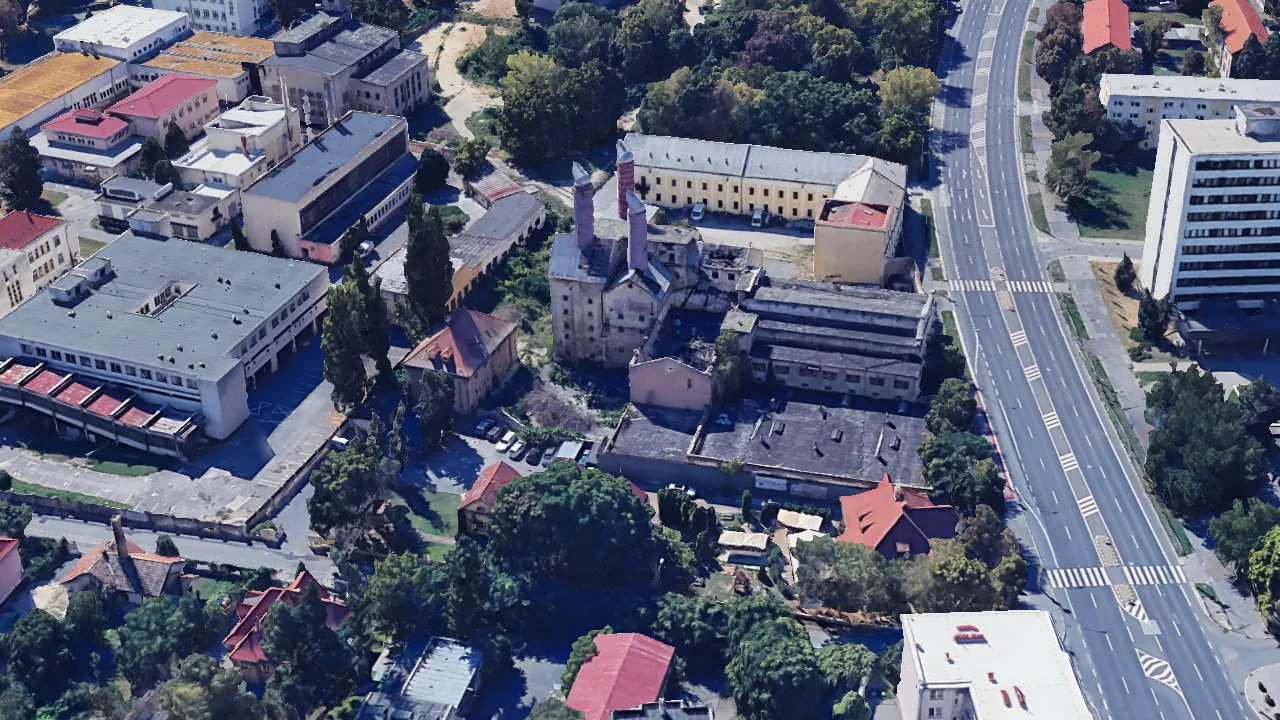 Satelitný pohľad na objekt bývalého pivovaru v Nitre v rámci riešeného územia adaptácie, zobrazený z perspektívneho 3D náhľadu.