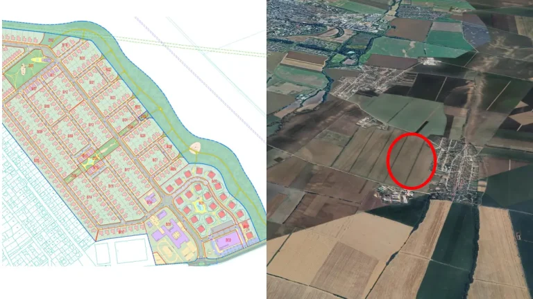 Vizualizácia novej obytnej zóny Medziháj v Trnave vedľa leteckého pohľadu na jej budúcu polohu; červený kruh zvýrazňuje územie, kde má projekt vzniknúť