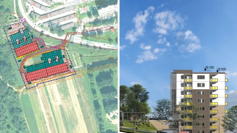 Pohľad na projekt Nižné brehy v Námestove – situácia so zástavbou troch bytových domov a vizualizácia šesťpodlažného objektu s balkónmi.