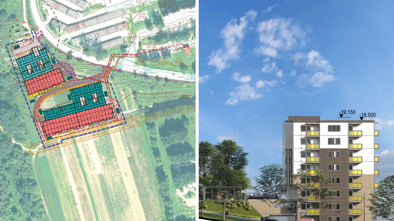 Pohľad na projekt Nižné brehy v Námestove – situácia so zástavbou troch bytových domov a vizualizácia šesťpodlažného objektu s balkónmi.
