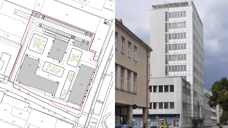 Pôdorys projektu Neo City Martin a budova bývalej Neografie v centre mesta.