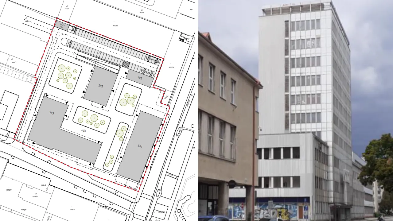 Pôdorys projektu Neo City Martin a budova bývalej Neografie v centre mesta.