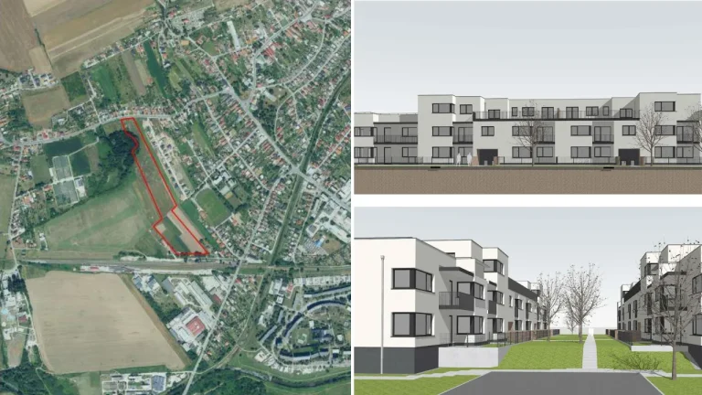 Letecký pohľad na lokalitu projektu Bielická oáza vo Veľkých Bieliciach pri Partizánskom a vizualizácie plánovaných bytových domov.