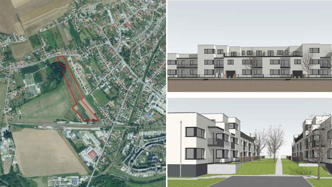 Letecký pohľad na lokalitu projektu Bielická oáza vo Veľkých Bieliciach pri Partizánskom a vizualizácie plánovaných bytových domov.
