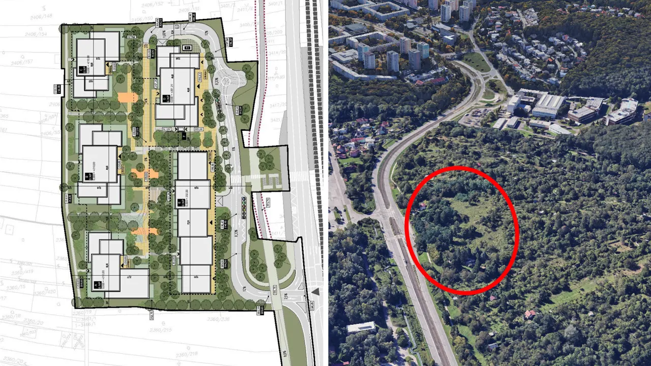 Vizualizácia projektu Polyfunkčný súbor Krčace a letecký pohľad na územie plánovanej výstavby pri Karloveskej ulici.