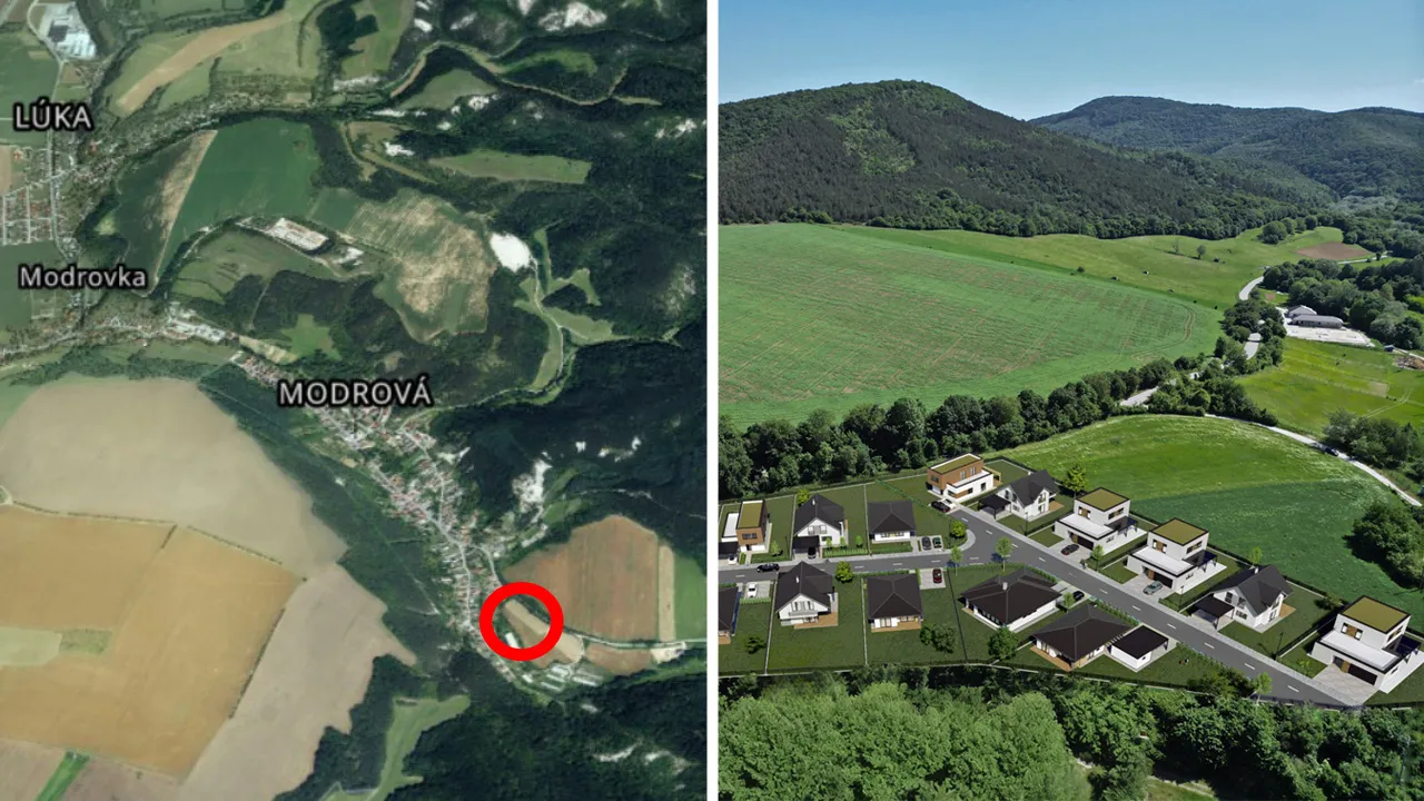 Letecký pohľad na obec Modrová pri Novom Meste nad Váhom a vizualizáciu projektu Rezidencia Modrová.