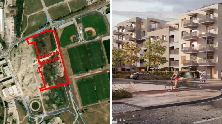 Projekt Cukrovar Trnava – vizualizácia blokov A3 a A4 s vyznačeným územím a modernými bytovými domami.