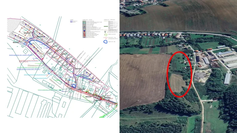 Situačný výkres projektu Orchidea Rajec – Vojtová a letecký pohľad na územie plánovanej výstavby v severovýchodnej časti Rajca. Červené označenie zvýrazňuje polohu pripravovanej obytnej zóny.