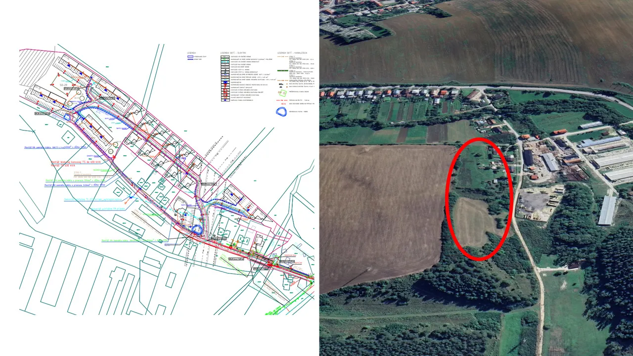 Situačný výkres projektu Orchidea Rajec – Vojtová a letecký pohľad na územie plánovanej výstavby v severovýchodnej časti Rajca. Červené označenie zvýrazňuje polohu pripravovanej obytnej zóny.