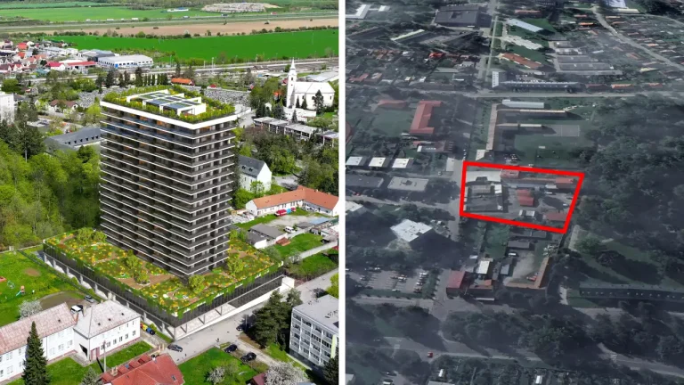 Vizualizácia projektu Rezidencia pri parku a satelitná snímka územia na Školskej ulici v Dubnici nad Váhom