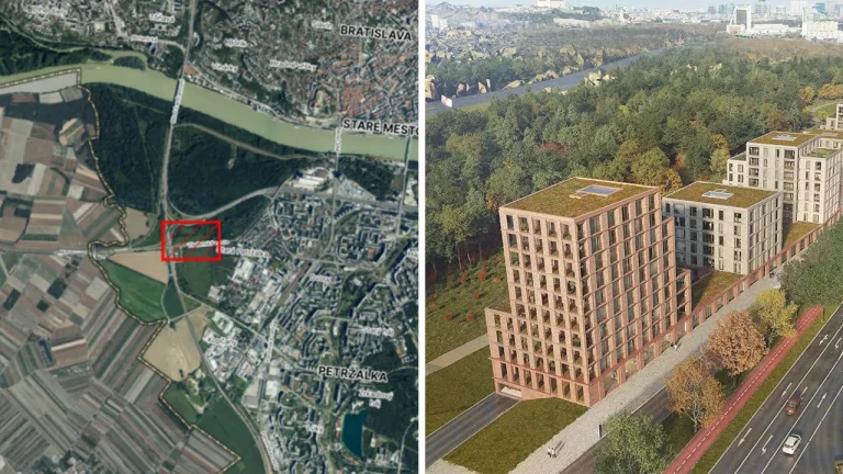 Lokalita projektu Viedenská cesta – západ v bratislavskej Petržalke a vizualizácia plánovaných obytných domov