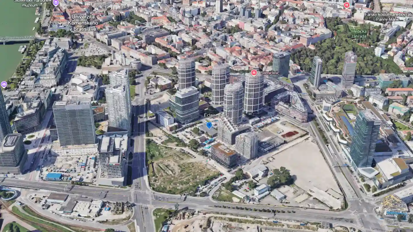 Letecký pohľad na polohu rezidenčného projektu Éclair v bratislavskom downtowne