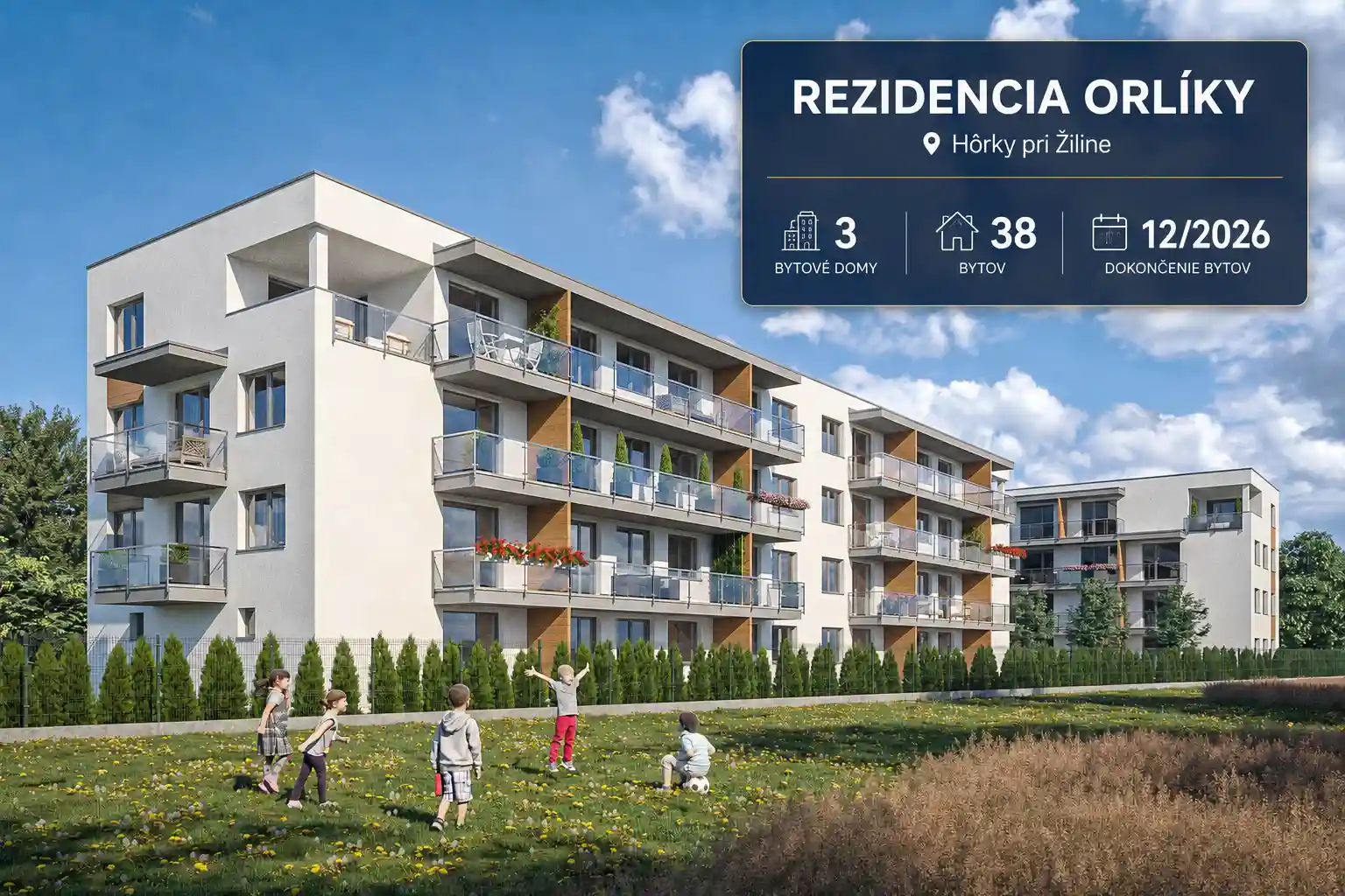 Vizualizácia projektu Rezidencia Orlíky s tromi nízkopodlažnými bytovými domami v Hôrkach pri Žiline