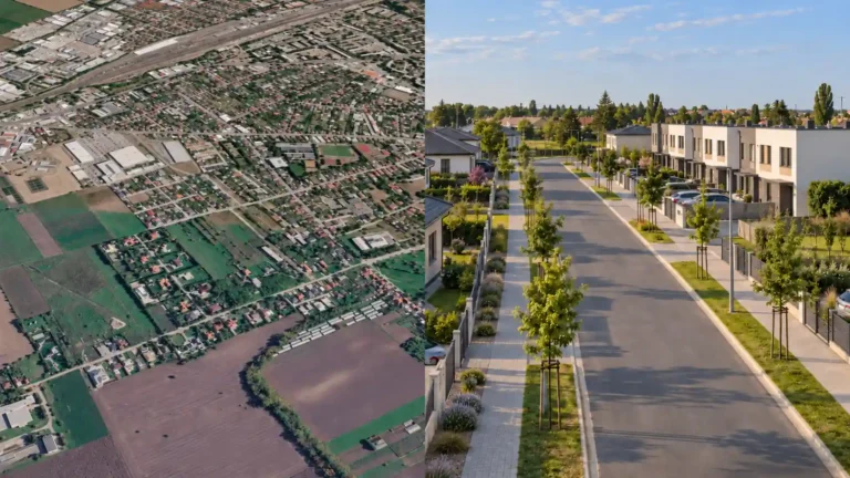 Obytná zóna Záhradná v Nových Zámkoch – mapa širšieho okolia a ilustračné foto rodinných domov