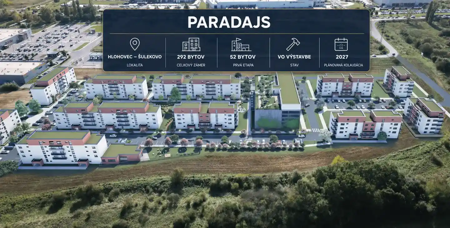 Novostavba Paradajs hlohovec – celkový pohľad na obytnú zónu s 11 bytovými domami