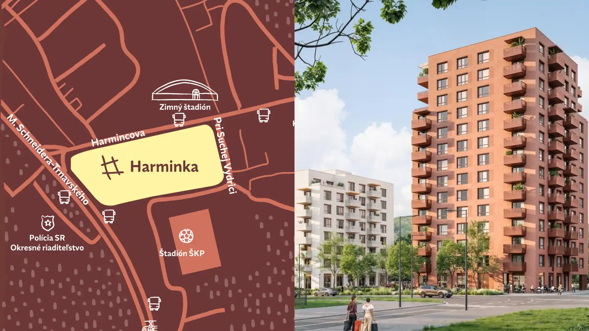 Harminka v Bratislave, mapa polohy a vizualizácia bytových domov