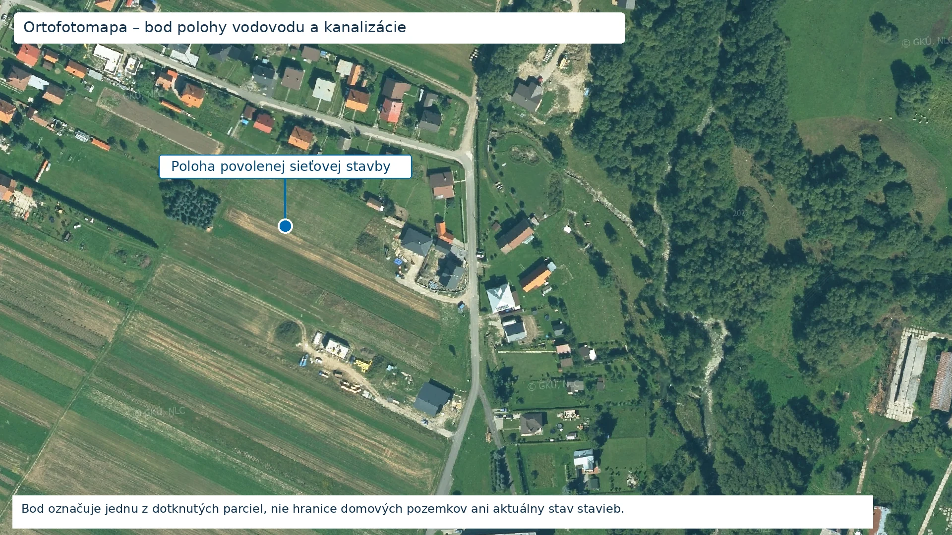 Ortofotomapa s bodom polohy vodovodu a kanalizácie