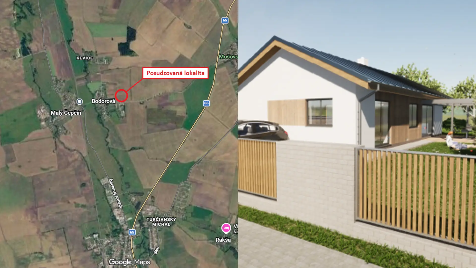 Obytná zóna Bodorová – mapa polohy a vizualizácia domu typu A