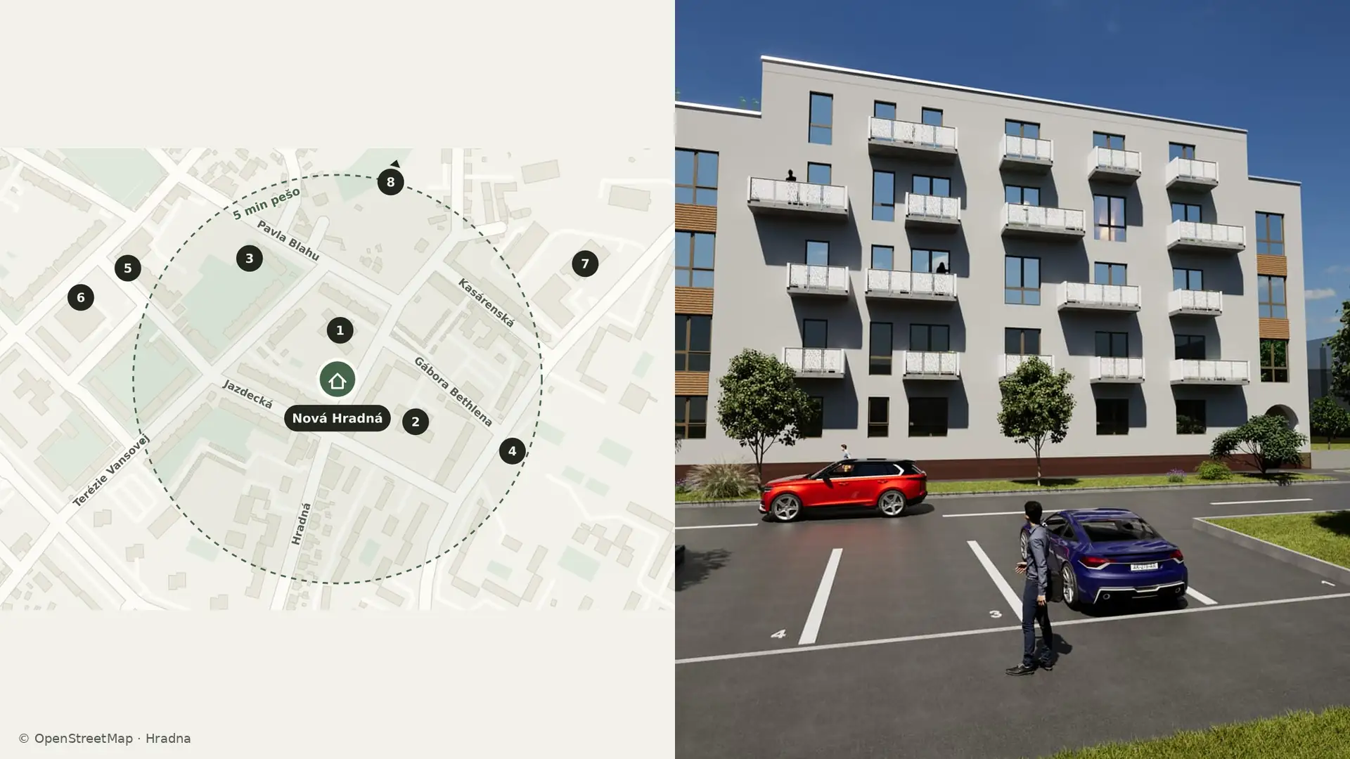 Nová Hradná: mapa lokality a vizualizácia fasády bytového domu