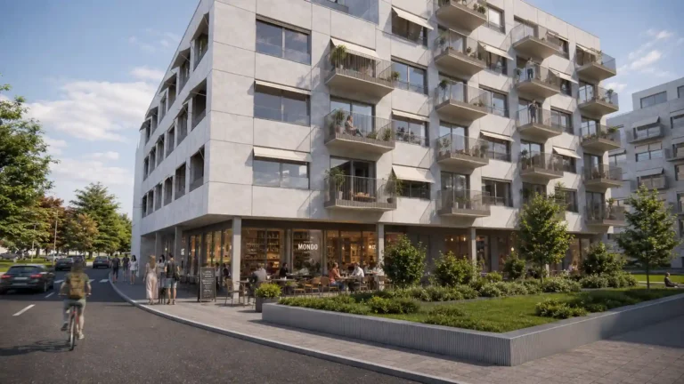 Nájomné bývanie Košice: vizualizácia bytového domu na Jesenského ulici s balkónmi a parterom