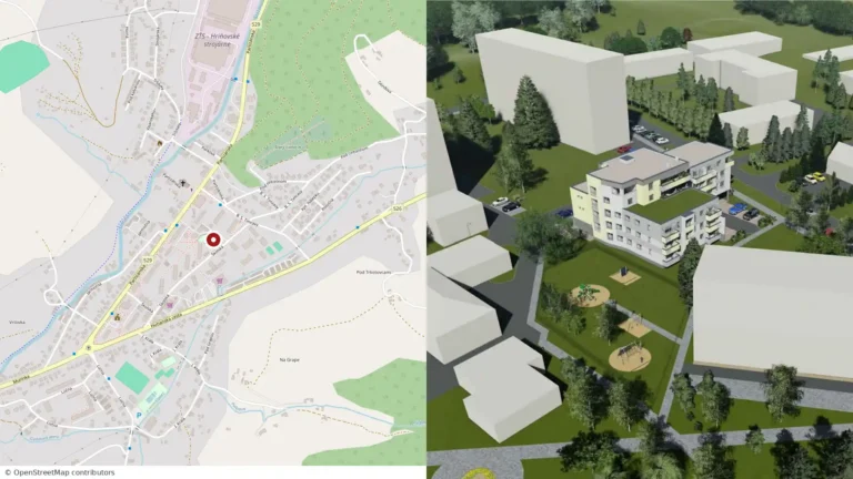 Mapa polohy a vizualizácia bytového domu v okolitej zástavbe
