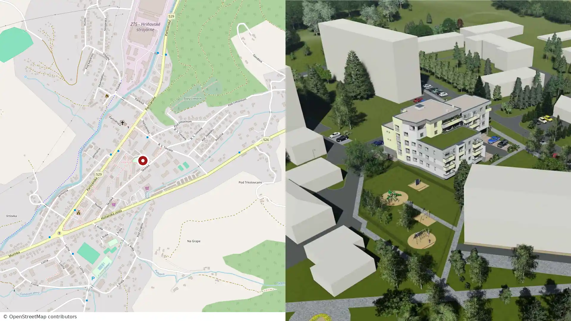 Mapa polohy a vizualizácia bytového domu v okolitej zástavbe