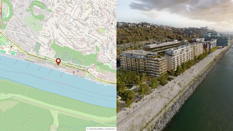 Mapa polohy a vizualizácia novej fázy River Park v Bratislave