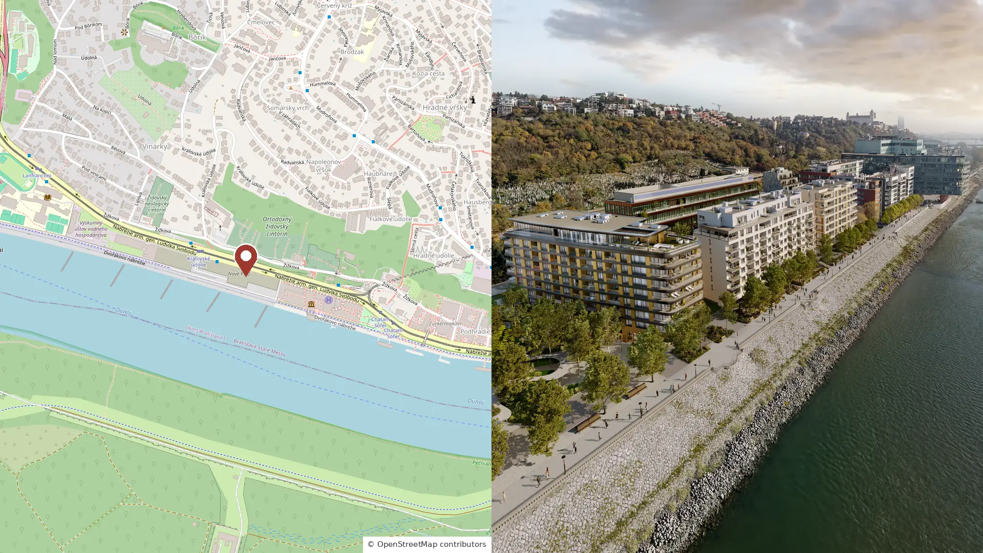 Mapa polohy a vizualizácia novej etapy River Park v Bratislave