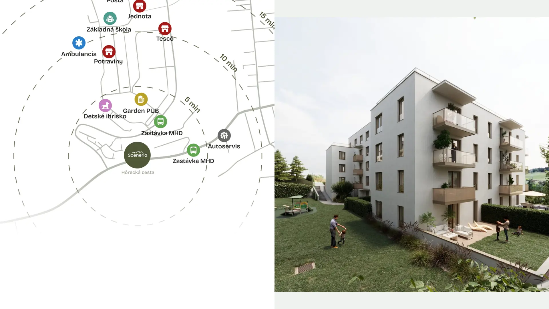 Scenéria, Žilina: mapa polohy a vizualizácia bytového domu